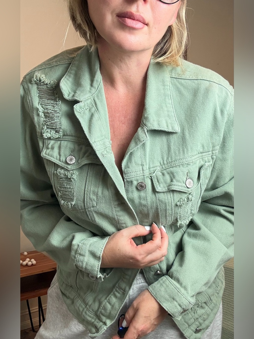 Vintage / Y2K Sage Green Distressed Denim Jacket Women’s Size M 100% Cotton